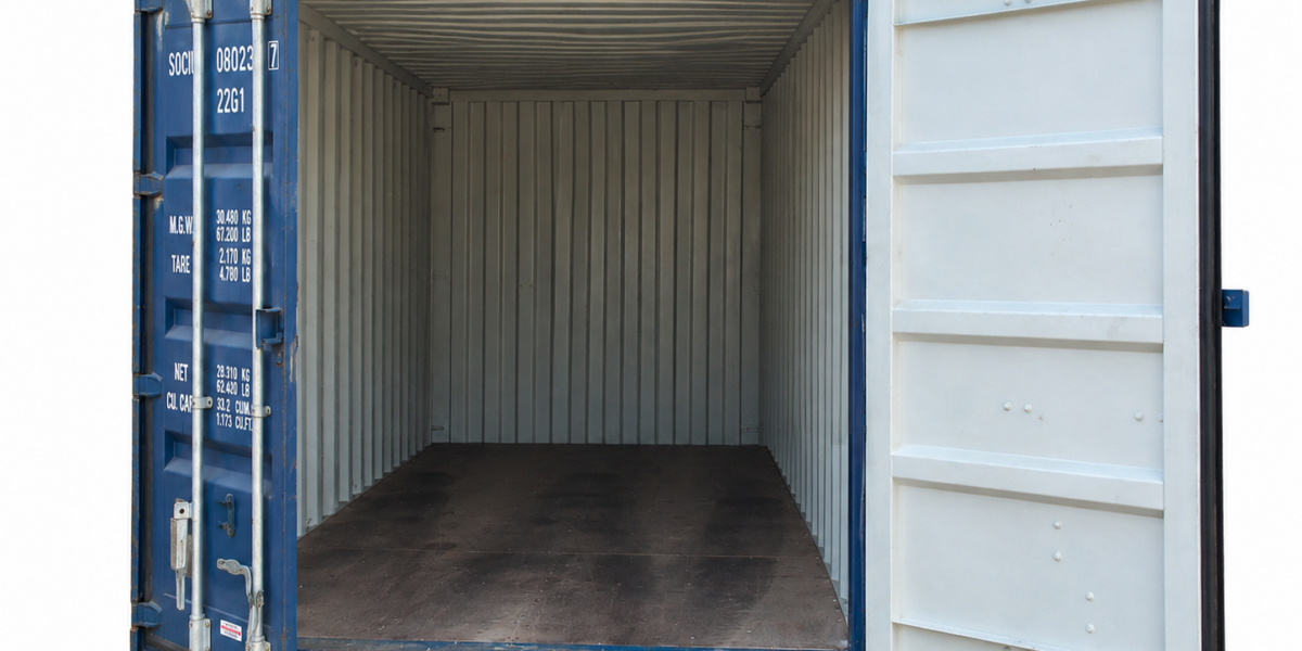 Container in ferro con porte aperte e interno vuoto